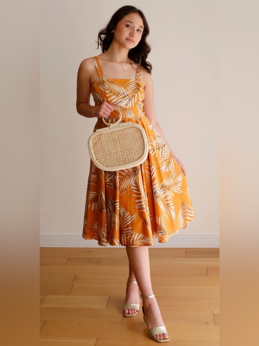 White House Black Market Gold Palm Leaf Fit ‘n Flare Dress